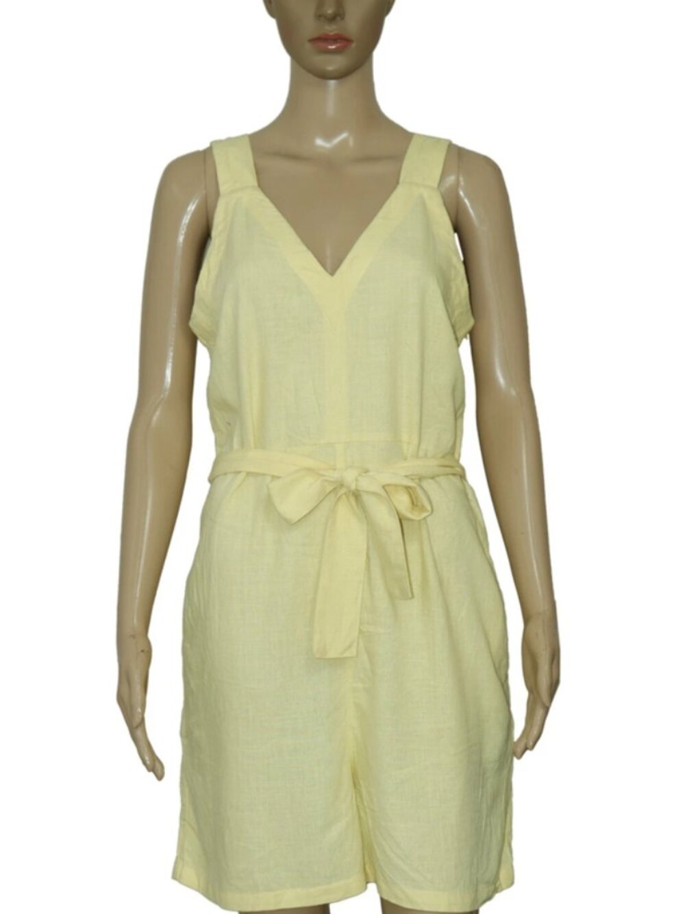 Old Khaki V Neck Sleeveless Belted Pocket Yellow Mini Romper M